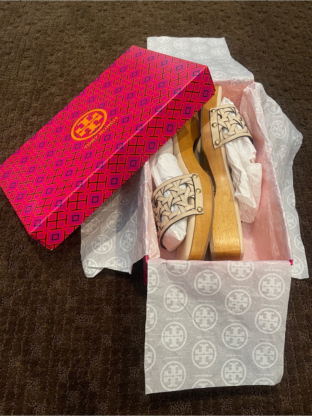 Tory Burch Basket-Weave Leather Clog New Cream 10.5